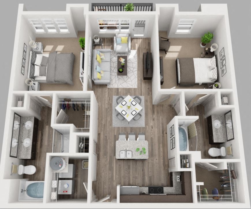 Floor plan for 2 beds, 2 baths, 1132 sqft